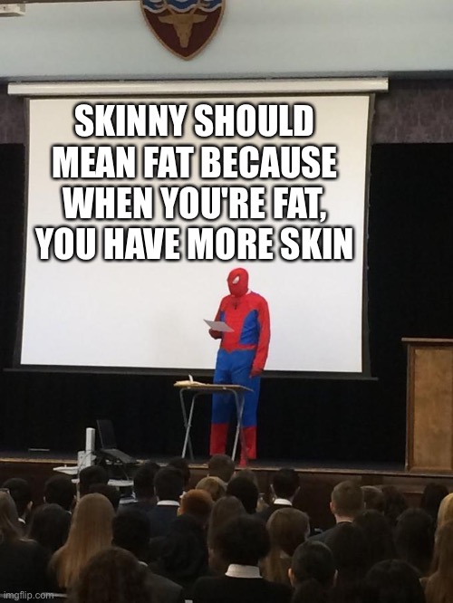 Very agree-able | SKINNY SHOULD MEAN FAT BECAUSE WHEN YOU'RE FAT, YOU HAVE MORE SKIN | image tagged in spiderman presentation | made w/ Imgflip meme maker
