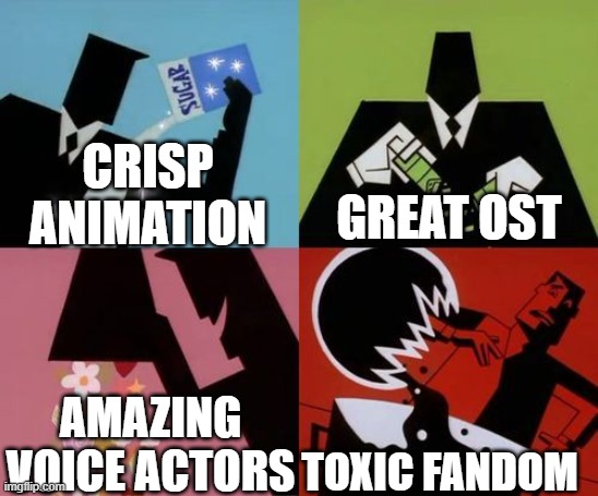 What makes an anime? | GREAT OST; CRISP ANIMATION; AMAZING VOICE ACTORS; TOXIC FANDOM | image tagged in powerpuff girls creation | made w/ Imgflip meme maker