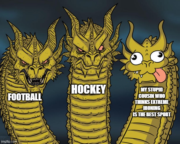 Three-headed Dragon | HOCKEY; MY STUPID COUSIN WHO THINKS EXTREME IRONING IS THE BEST SPORT; FOOTBALL | image tagged in three-headed dragon | made w/ Imgflip meme maker