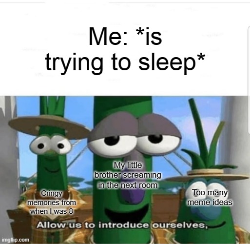 Allow us to introduce ourselves | Me: *is trying to sleep*; My little brother screaming in the next room; Too many meme ideas; Cringy memories from when I was 8 | image tagged in allow us to introduce ourselves | made w/ Imgflip meme maker