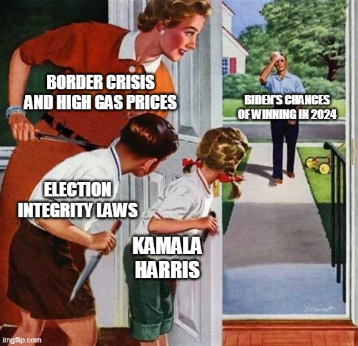 Family knives | BORDER CRISIS AND HIGH GAS PRICES; BIDEN'S CHANCES OF WINNING IN 2024; ELECTION INTEGRITY LAWS; KAMALA HARRIS | image tagged in family knives | made w/ Imgflip meme maker
