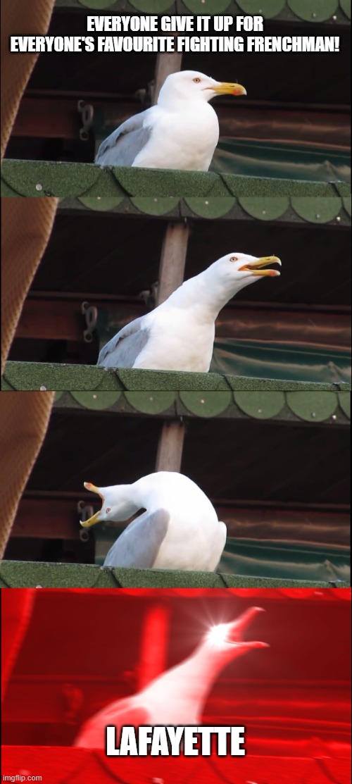 Inhaling Seagull Meme | EVERYONE GIVE IT UP FOR EVERYONE'S FAVOURITE FIGHTING FRENCHMAN! LAFAYETTE | image tagged in memes,inhaling seagull | made w/ Imgflip meme maker