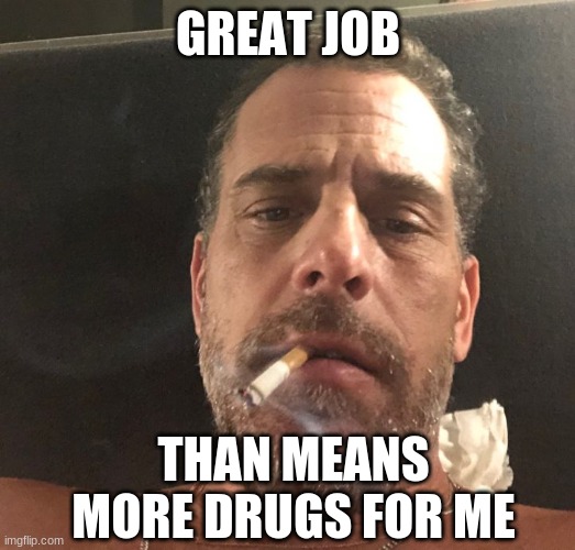 Hunter Biden | GREAT JOB THAN MEANS MORE DRUGS FOR ME | image tagged in hunter biden | made w/ Imgflip meme maker