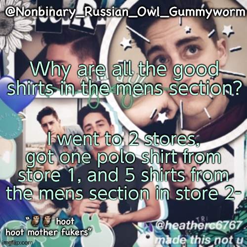 Whyyyyyy | Why are all the good shirts in the mens section? I went to 2 stores, got one polo shirt from store 1, and 5 shirts from the mens section in store 2- | image tagged in gummyworms simp temp and yes that is what it s called | made w/ Imgflip meme maker