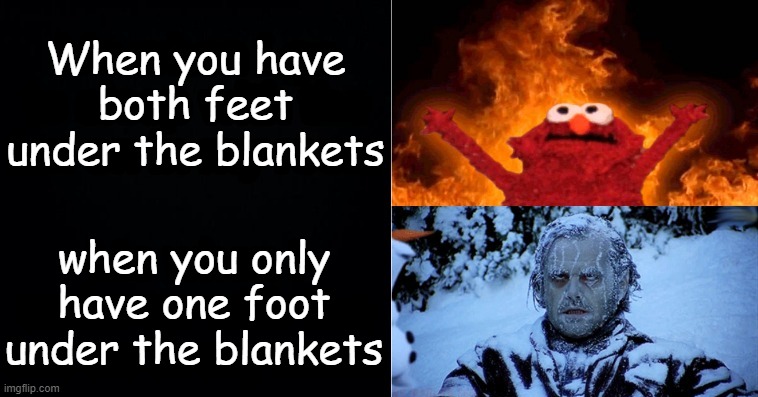 True | When you have both feet under the blankets; when you only have one foot under the blankets | image tagged in hot cold | made w/ Imgflip meme maker