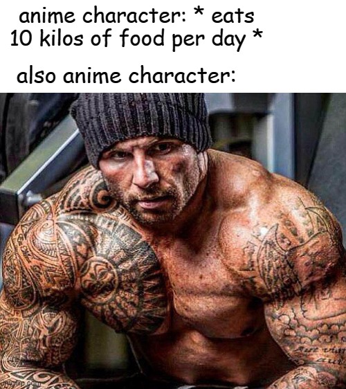 Goku and luffy be like | anime character: * eats 10 kilos of food per day *; also anime character: | image tagged in anime | made w/ Imgflip meme maker