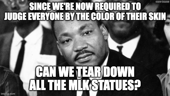 MLK Does Not Approve | SINCE WE'RE NOW REQUIRED TO JUDGE EVERYONE BY THE COLOR OF THEIR SKIN; CAN WE TEAR DOWN ALL THE MLK STATUES? | image tagged in mlk disappointed | made w/ Imgflip meme maker