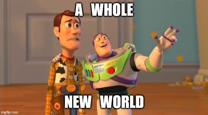 Buzz And Woody | A   WHOLE; NEW   WORLD | image tagged in buzz and woody | made w/ Imgflip meme maker