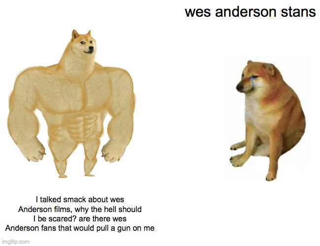 Buff Doge vs. Cheems Meme | wes anderson stans; I talked smack about wes Anderson films, why the hell should I be scared? are there wes Anderson fans that would pull a gun on me | image tagged in memes,buff doge vs cheems | made w/ Imgflip meme maker