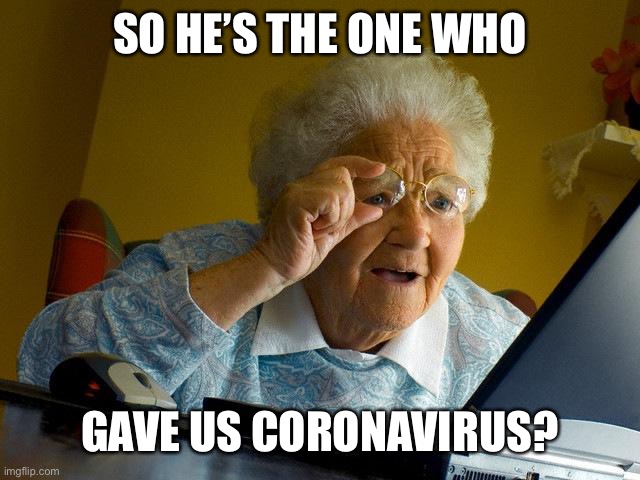 Grandma Finds The Internet Meme | SO HE’S THE ONE WHO GAVE US CORONAVIRUS? | image tagged in memes,grandma finds the internet | made w/ Imgflip meme maker