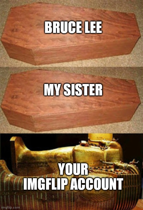 Golden coffin meme | BRUCE LEE MY SISTER YOUR IMGFLIP ACCOUNT | image tagged in golden coffin meme | made w/ Imgflip meme maker