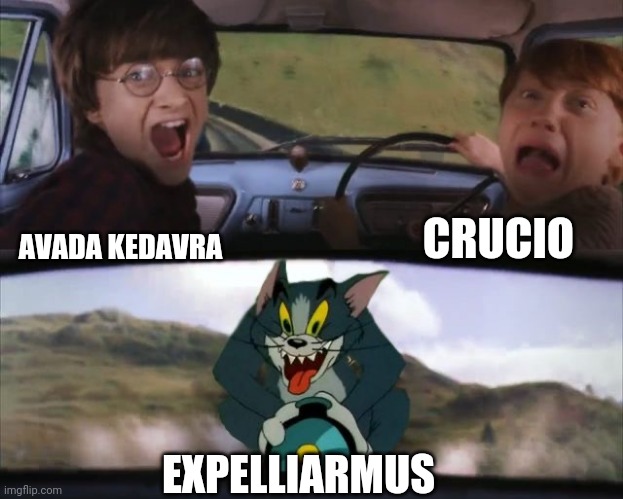 Harry's mind be like | CRUCIO; AVADA KEDAVRA; EXPELLIARMUS | image tagged in tom chasing harry and ron weasly,harry potter,harry potter meme,memes,funny,meme | made w/ Imgflip meme maker
