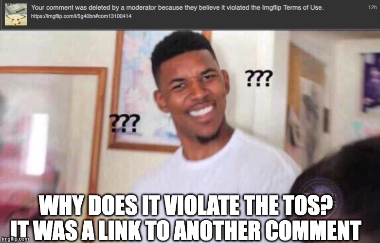 WHY DOES IT VIOLATE THE TOS? IT WAS A LINK TO ANOTHER COMMENT | image tagged in black guy confused | made w/ Imgflip meme maker