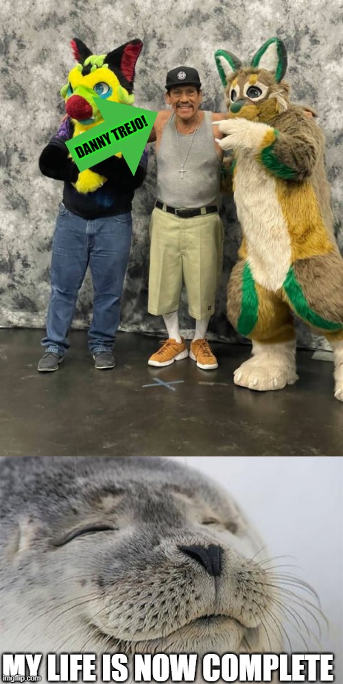 Best Day Ever. | DANNY TREJO! MY LIFE IS NOW COMPLETE | image tagged in memes,satisfied seal,danny trejo,furry,convention | made w/ Imgflip meme maker