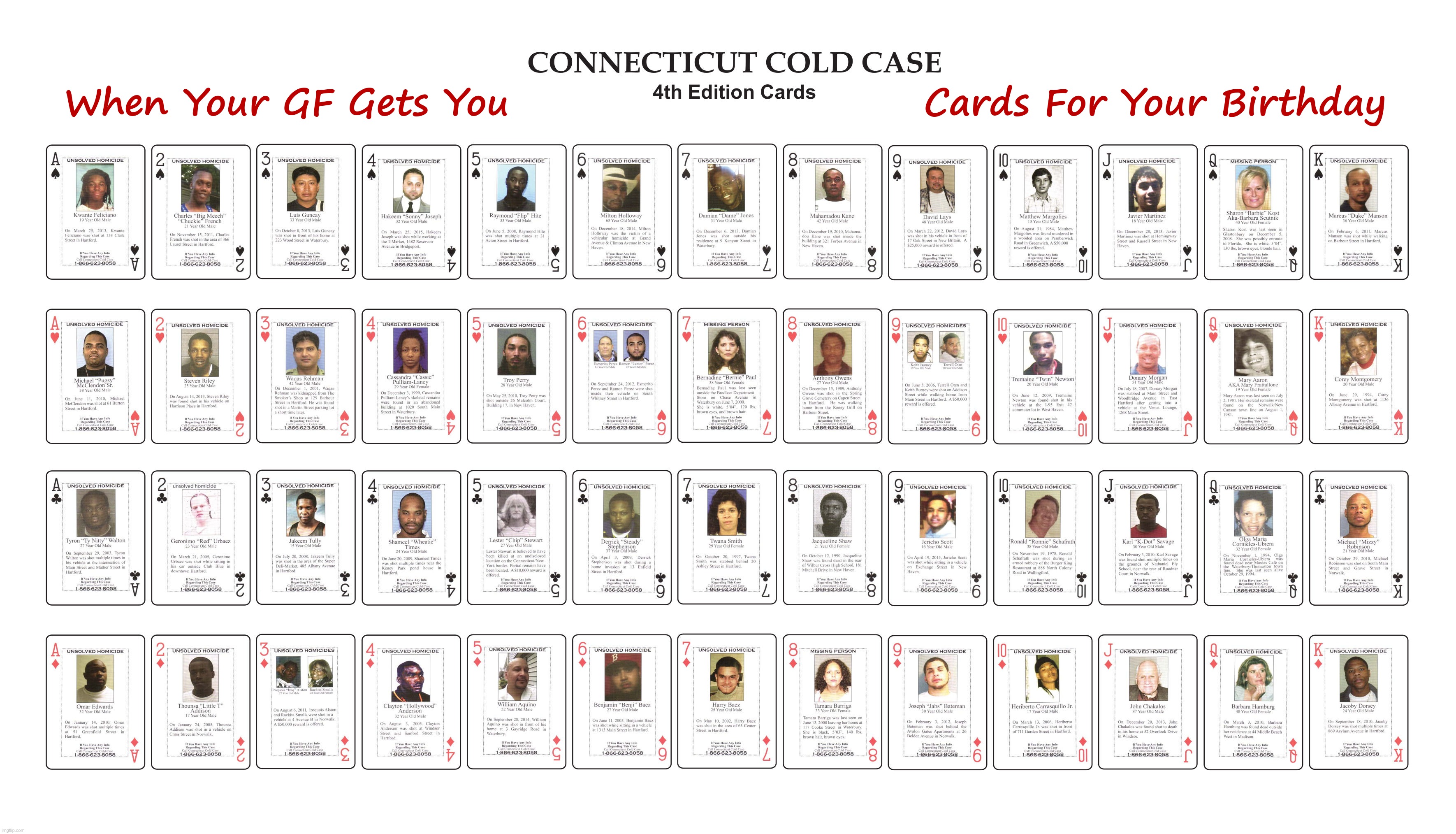 Cool! Cold Case Murder Playing Cards! (See comments) | When Your GF Gets You                            Cards For Your Birthday | image tagged in playing cards,dark humor,unsolved mysteries,murder,death,rick75230 | made w/ Imgflip meme maker