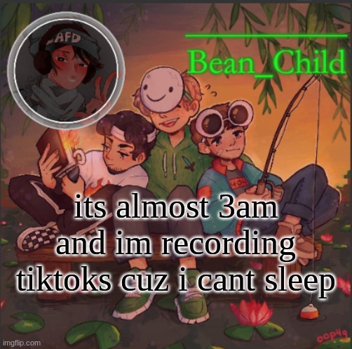 its almost 3am and im recording tiktoks cuz i cant sleep | image tagged in bean_child s dream template | made w/ Imgflip meme maker