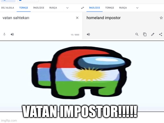 I’m not racist | VATAN IMPOSTOR!!!!! | image tagged in turkish,google translate,kurdish,amogus | made w/ Imgflip meme maker