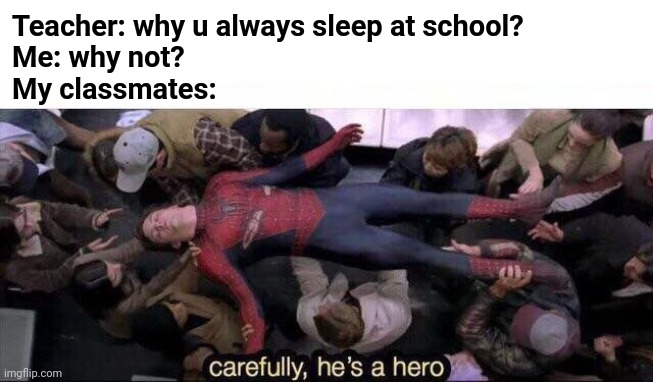 Carefully he's a hero | Teacher: why u always sleep at school?
Me: why not?
My classmates: | image tagged in carefully he's a hero | made w/ Imgflip meme maker