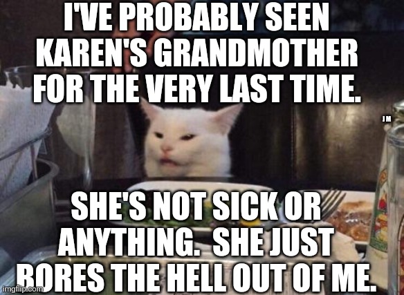 Salad cat | I'VE PROBABLY SEEN KAREN'S GRANDMOTHER FOR THE VERY LAST TIME. J M; SHE'S NOT SICK OR ANYTHING.  SHE JUST BORES THE HELL OUT OF ME. | image tagged in salad cat | made w/ Imgflip meme maker
