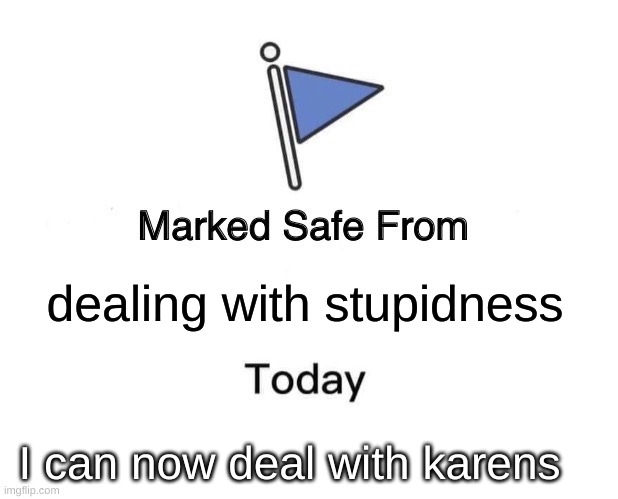 Nice | dealing with stupidness; I can now deal with karens | image tagged in memes,marked safe from | made w/ Imgflip meme maker