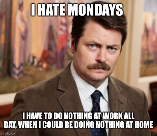 Ron Swanson Meme | I HATE MONDAYS; I HAVE TO DO NOTHING AT WORK ALL DAY, WHEN I COULD BE DOING NOTHING AT HOME | image tagged in memes,ron swanson | made w/ Imgflip meme maker