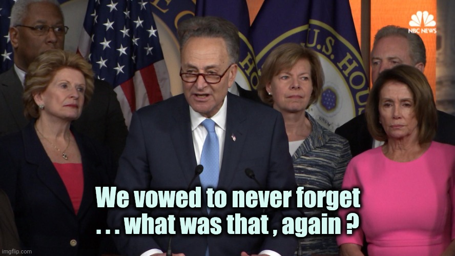 Democrat congressmen | We vowed to never forget . . . what was that , again ? | image tagged in democrat congressmen | made w/ Imgflip meme maker