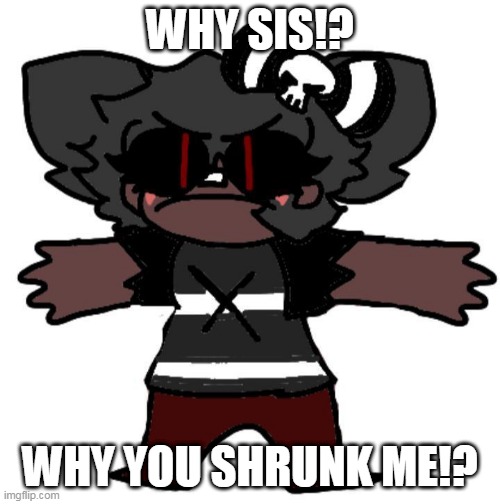  WHY SIS!? WHY YOU SHRUNK ME!? | image tagged in angry fate | made w/ Imgflip meme maker