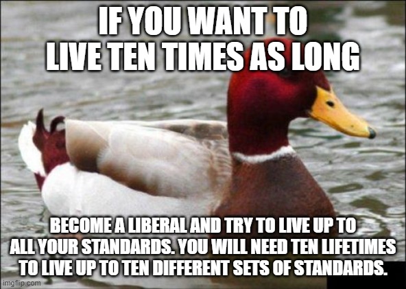 The more standards, the more Liberal | IF YOU WANT TO LIVE TEN TIMES AS LONG; BECOME A LIBERAL AND TRY TO LIVE UP TO ALL YOUR STANDARDS. YOU WILL NEED TEN LIFETIMES TO LIVE UP TO TEN DIFFERENT SETS OF STANDARDS. | image tagged in memes,malicious advice mallard,liberals | made w/ Imgflip meme maker