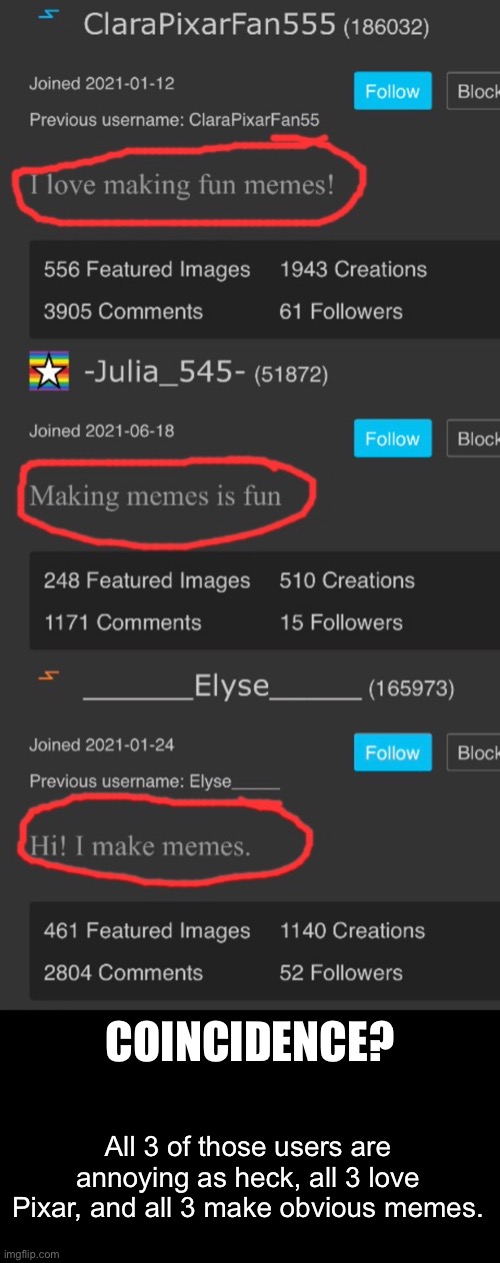 I LOVE MAKING MEMEMEMEMEMEMEMES | COINCIDENCE? All 3 of those users are annoying as heck, all 3 love Pixar, and all 3 make obvious memes. | image tagged in funny,memes | made w/ Imgflip meme maker