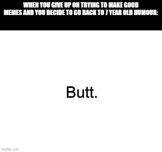 Butt. | WHEN YOU GIVE UP ON TRYING TO MAKE GOOD MEMES AND YOU DECIDE TO GO BACK TO 7 YEAR OLD HUMOUR:; Butt. | image tagged in blank white template,hamster,funny,funny memes,meme,memes | made w/ Imgflip meme maker