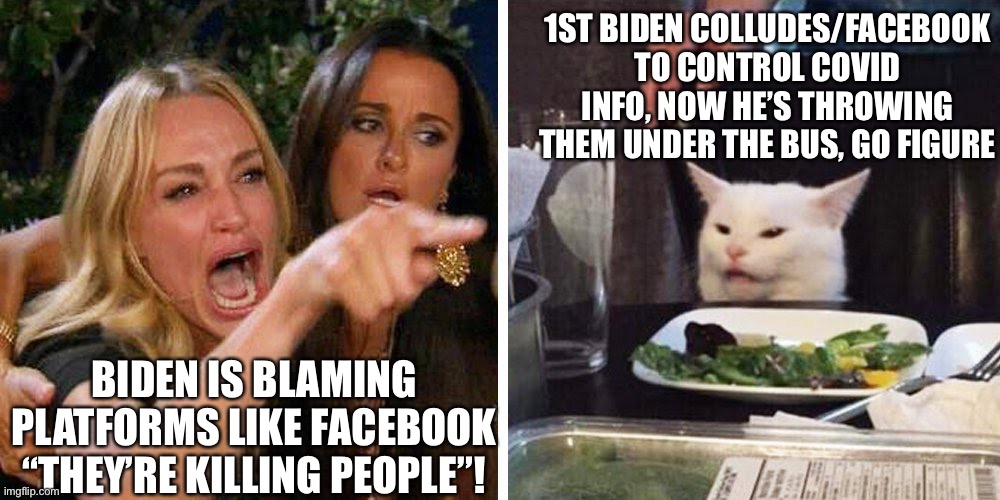 Biden Throws Social Media Under The Bus - Covid “Disinformation” is why he missed his VAX goal! | 1ST BIDEN COLLUDES/FACEBOOK TO CONTROL COVID INFO, NOW HE’S THROWING THEM UNDER THE BUS, GO FIGURE; BIDEN IS BLAMING PLATFORMS LIKE FACEBOOK “THEY’RE KILLING PEOPLE”! | image tagged in smudge the cat,covid vaccine,biden blames facebook,memes,biden facebook is killing people,covid disinformation | made w/ Imgflip meme maker