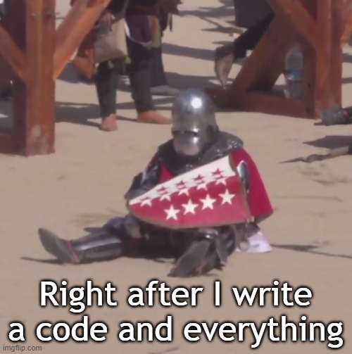 Sad crusader noises | Right after I write a code and everything | image tagged in sad crusader noises | made w/ Imgflip meme maker