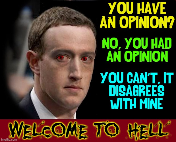 "Freedom's just another word for nothing left to lose." —JanisJoplin | YOU HAVE
AN OPINION? WELCOME TO HELL YOU CAN'T, IT
DISAGREES
WITH MINE NO, YOU HAD
AN OPINION | image tagged in vince vance,mark zuckerberg,memes,facebook,censorship,welcome to hell | made w/ Imgflip meme maker