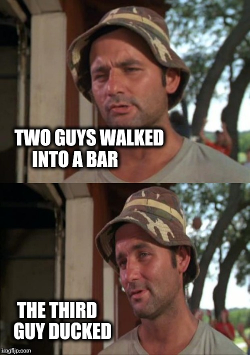 Bill Murray bad joke | TWO GUYS WALKED 
       INTO A BAR THE THIRD 
  GUY DUCKED | image tagged in bill murray bad joke | made w/ Imgflip meme maker