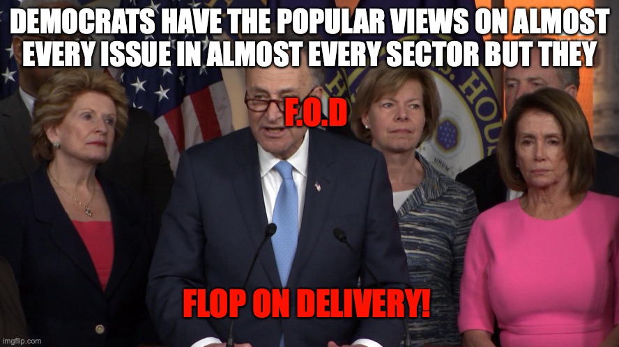Democrat congressmen | DEMOCRATS HAVE THE POPULAR VIEWS ON ALMOST EVERY ISSUE IN ALMOST EVERY SECTOR BUT THEY; F.O.D; FLOP ON DELIVERY! | image tagged in democrat congressmen | made w/ Imgflip meme maker