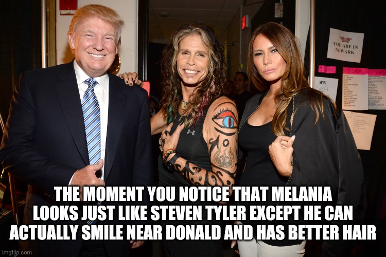 Now you can't unsee it | THE MOMENT YOU NOTICE THAT MELANIA LOOKS JUST LIKE STEVEN TYLER EXCEPT HE CAN ACTUALLY SMILE NEAR DONALD AND HAS BETTER HAIR | image tagged in donald trump,melania trump,steven tyler,maga | made w/ Imgflip meme maker