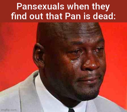 A new twist on an old meme | Pansexuals when they find out that Pan is dead: | image tagged in crying michael jordan,pansexuals,pan is dead | made w/ Imgflip meme maker