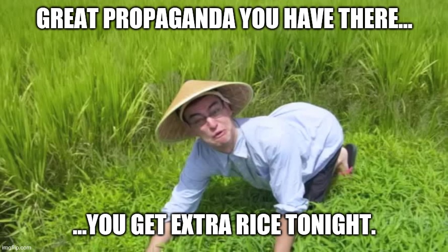 WELCOME TO THE RICE FIELDS | GREAT PROPAGANDA YOU HAVE THERE... ...YOU GET EXTRA RICE TONIGHT. | image tagged in welcome to the rice fields | made w/ Imgflip meme maker