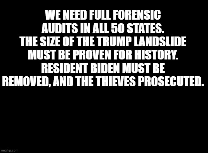 blank black | WE NEED FULL FORENSIC AUDITS IN ALL 50 STATES. THE SIZE OF THE TRUMP LANDSLIDE MUST BE PROVEN FOR HISTORY. RESIDENT BIDEN MUST BE REMOVED, AND THE THIEVES PROSECUTED. | image tagged in blank black | made w/ Imgflip meme maker