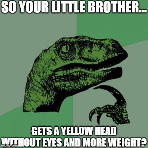 Philosoraptor Meme | SO YOUR LITTLE BROTHER... GETS A YELLOW HEAD WITHOUT EYES AND MORE WEIGHT? | image tagged in memes,philosoraptor | made w/ Imgflip meme maker