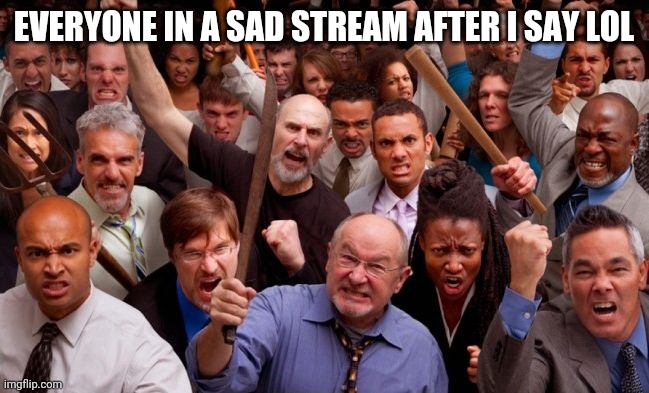 Angry People | EVERYONE IN A SAD STREAM AFTER I SAY LOL | image tagged in angry people | made w/ Imgflip meme maker