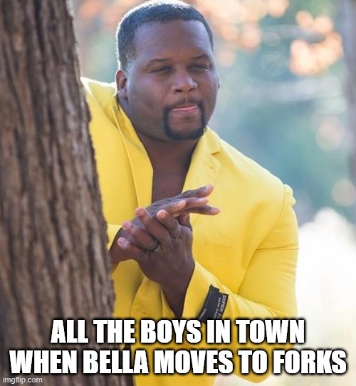 Welcome Bella |  ALL THE BOYS IN TOWN WHEN BELLA MOVES TO FORKS | image tagged in rubbing hands,twilight | made w/ Imgflip meme maker