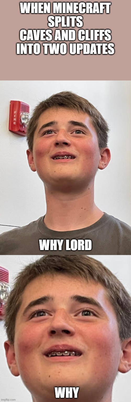 WHEN MINECRAFT SPLITS CAVES AND CLIFFS INTO TWO UPDATES; WHY LORD; WHY | made w/ Imgflip meme maker