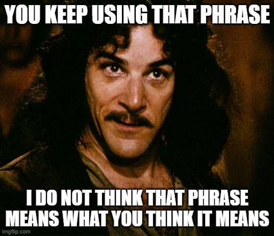 I do not think that word mean what you think it means | YOU KEEP USING THAT PHRASE I DO NOT THINK THAT PHRASE MEANS WHAT YOU THINK IT MEANS | image tagged in i do not think that word mean what you think it means | made w/ Imgflip meme maker