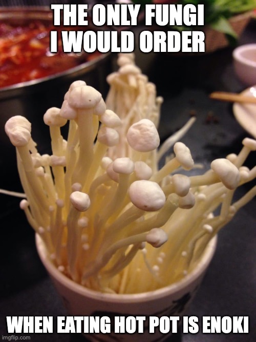 Enoki | THE ONLY FUNGI I WOULD ORDER; WHEN EATING HOT POT IS ENOKI | image tagged in mushrooms,food,memes | made w/ Imgflip meme maker