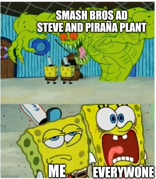 Characters | SMASH BROS AD STEVE AND PIRAÑA PLANT; EVERYWONE; ME | image tagged in spongebob squarepants scared but also not scared | made w/ Imgflip meme maker