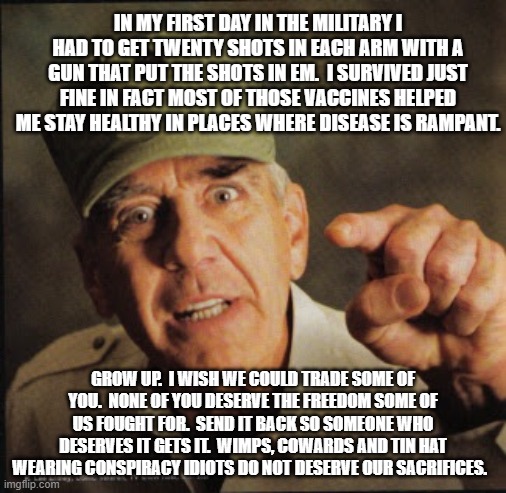 Put on your big boy pants and stop being wimps. | IN MY FIRST DAY IN THE MILITARY I HAD TO GET TWENTY SHOTS IN EACH ARM WITH A GUN THAT PUT THE SHOTS IN EM.  I SURVIVED JUST FINE IN FACT MOST OF THOSE VACCINES HELPED ME STAY HEALTHY IN PLACES WHERE DISEASE IS RAMPANT. GROW UP.  I WISH WE COULD TRADE SOME OF YOU.  NONE OF YOU DESERVE THE FREEDOM SOME OF US FOUGHT FOR.  SEND IT BACK SO SOMEONE WHO DESERVES IT GETS IT.  WIMPS, COWARDS AND TIN HAT WEARING CONSPIRACY IDIOTS DO NOT DESERVE OUR SACRIFICES. | image tagged in military | made w/ Imgflip meme maker