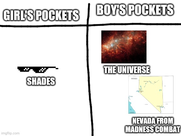 OH SH- |  BOY'S POCKETS; GIRL'S POCKETS; THE UNIVERSE; SHADES; NEVADA FROM MADNESS COMBAT | image tagged in blank white template,oh crap,boys vs girls | made w/ Imgflip meme maker