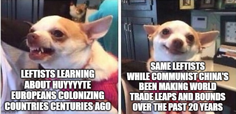 angry happy dog | LEFTISTS LEARNING ABOUT HUYYYYTE EUROPEANS COLONIZING COUNTRIES CENTURIES AGO; SAME LEFTISTS WHILE COMMUNIST CHINA'S BEEN MAKING WORLD TRADE LEAPS AND BOUNDS OVER THE PAST 20 YEARS | image tagged in angry happy dog | made w/ Imgflip meme maker