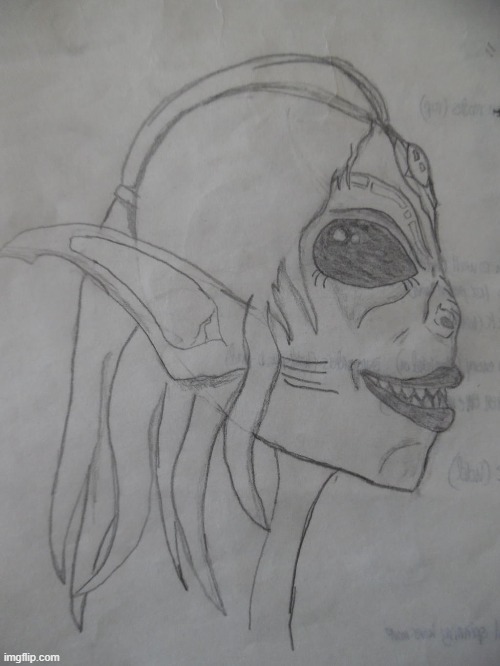 Evil Hybrid, possibly an Orion Gray/Dark Elf. Drawn in Highschool, touched up in college. | image tagged in original character,villain,gray,elves,aliens | made w/ Imgflip meme maker
